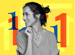 Woman smiling infront of a number 1 graphical background