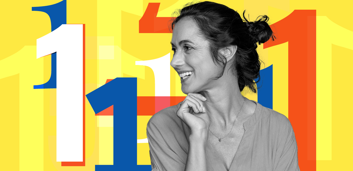 Image of a woman smiling infront of a number 1 graphic