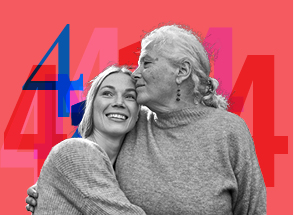 Mother and daughter hugging with a number 4 graphical background